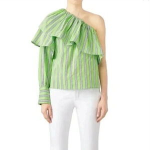 MSGM Neon Striped Ruffle 100% Cotton One Shoulder Top L (12)